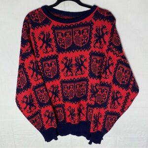 Vinatge Oversized Red Navy Blue Lion Geometric Patern Knit Crew Neck Sweater L